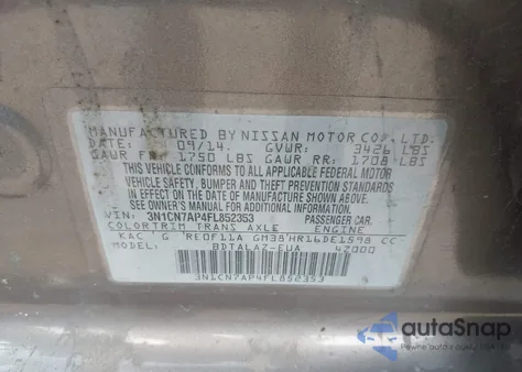 2015 Nissan Versa 1.6 S+ from USA, damaged, VIN 3N1CN7AP4FL852353